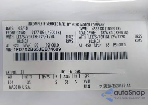 2018 Ford F-250 Xlt z USA, uszkodzony, nr VIN 1FD7X2B65JEB74699